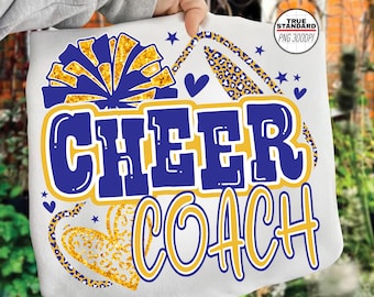 Cheer Coach Png, Football Leopard Print Heart Png, Blue & Yellow Glitter Cheerleader Png, Cheer Varsity Png, Iron On Png