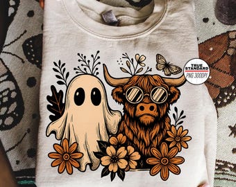 Bohospook hooglandkoe png, Western Halloween png, herfstkoe spook png, retro boho png, griezelig schattig png, hooglandkoe png