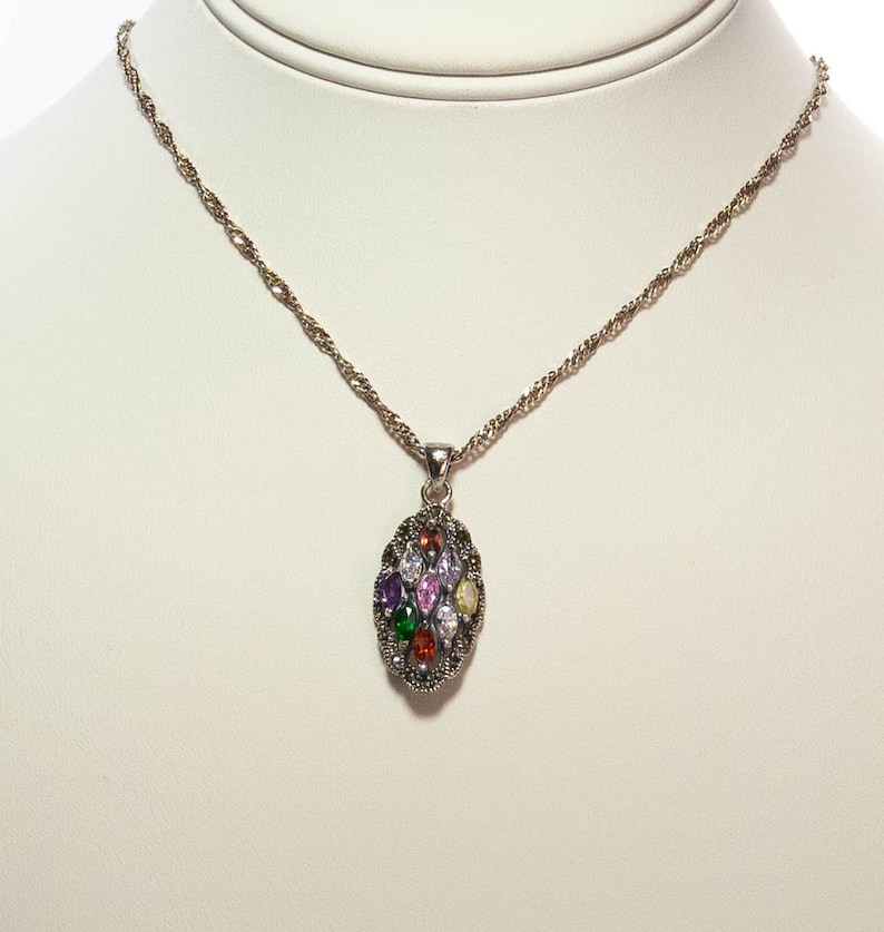 Vintage Jewelry 925 Silver Marcasite Drop Cubic Zirconia Pendant Necklace 18 Inches