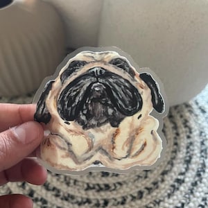 Sticker hond kunst, goudmops, sticker huisdier, hondenkunst, neus omhoog, cadeau, cadeau hondenliefhebbers, gestanst, duidelijke stickers 3 x 3 inch formaat, matte afwerking