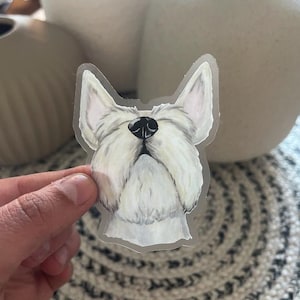 Dog Art Sticker, witte Schnauzer Mix huisdier sticker, hondenkunst, neus omhoog, cadeau, cadeau hondenliefhebber, gestanst, duidelijke stickers 3 x 3 inch, matte afwerking