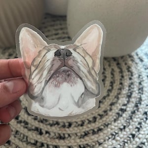 Hondenkunststicker, gouden frenchie, huisdiersticker, hondenkunst, neus omhoog, cadeau, cadeau hondenliefhebber, gestanst, duidelijke stickers 3 x 3" formaat, matte afwerking