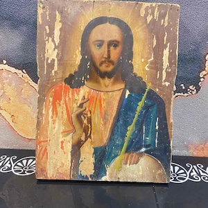 Antique 19th century Hand Painted Wood Orthodox Icon of Jesus,.