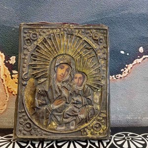 Antique 19th century Hand Painted Wood Orthodox Icon of Mothers of God.