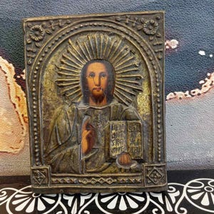 Antique 19th century Hand Painted Wood Orthodox Icon of Jesus.