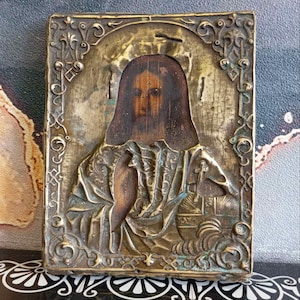 Jesus Christ Antique Russian orthodox hand painted icon 19c. in bronze/brass oklad.