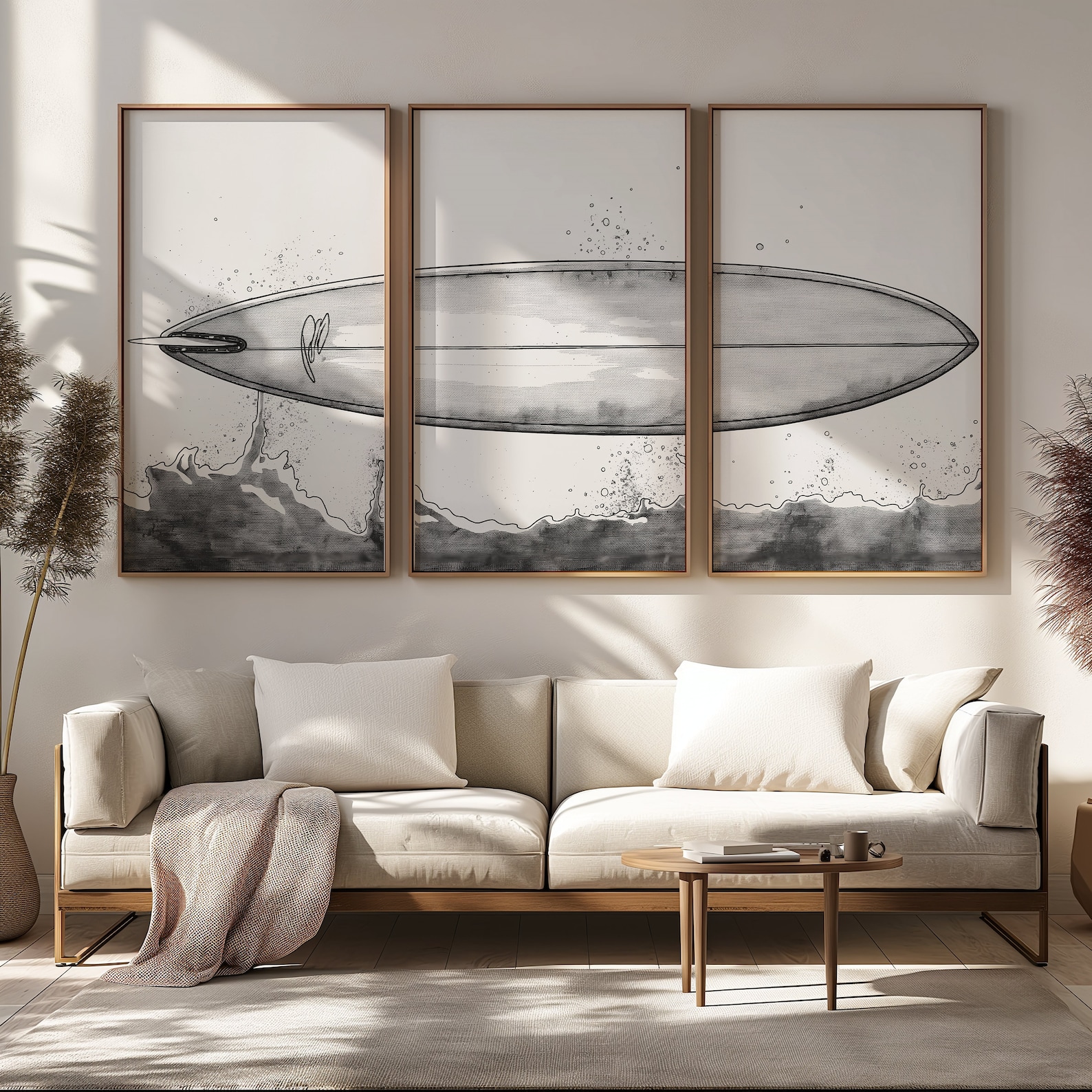 3 Piece Surf Wall Art. Surfboard, Blue Ocean Beach, Rocks
