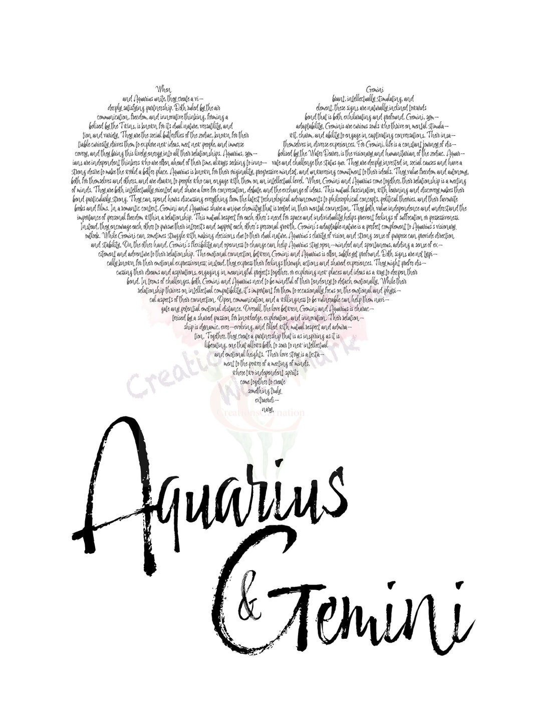 Aquarius and Gemini Love Heart Art Print Unique Astrology Decor Zodiac