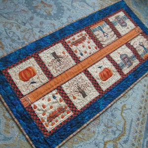 blue and orange Quilted Fall Table Topper 23 x 48