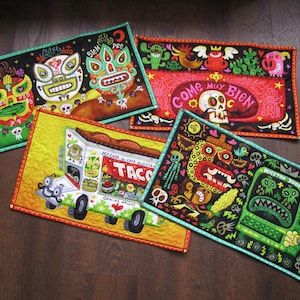 Four 10&#39; x 17 1/2&quot; Placemats for Kids, Colorful Monsters, Spanish Phrases