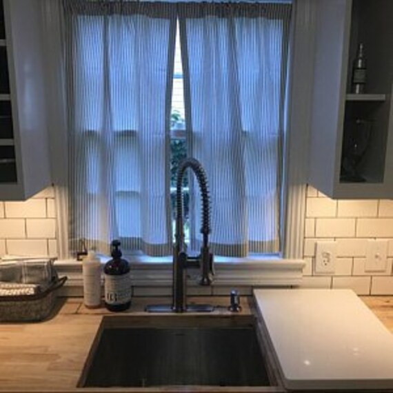 Navy Blue Ticking Kitchen Cafe Curtains 2 Panels 1 Pair Etsy