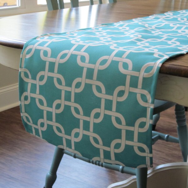 Teal Blue and White Geometric Gotcha Table Runner - Indoor/Outdoor - Weddings, Receptions, Parties, Dining Table, Buffet