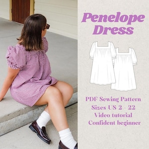 May include: A PDF sewing pattern for a Penelope dress. The pattern includes sizes US 2-22 and a video tutorial. The pattern is for a confident beginner. The image shows a model wearing a gingham dress.