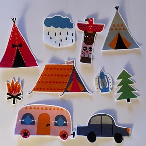 May include: A set of felt appliques featuring a variety of camping and outdoor themes. The appliques include a red and black tent, a blue and orange tent, a green pine tree, a blue car, a pink camper, a lantern, a totem pole with a bird, a cloud with raindrops, and a red and black teepee.