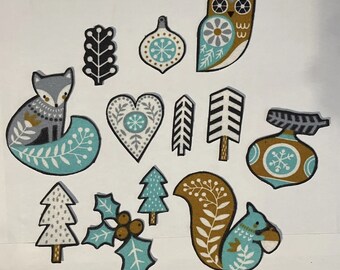 12 Tiny Winter Woodland Pieces - Iron On Fabric Appliques - Christmas