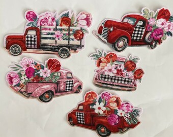 5 Buffalo Plaid Flower Trucks - Iron On Fabric Appliques