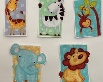 5 Baby Safari Patches - Iron On Fabric Appliques  - Jungle Animals Animals