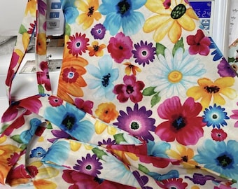 Colorful Flowers Print on White Apron, Sally's Simple Aprons - Handmade, Machine Washable
