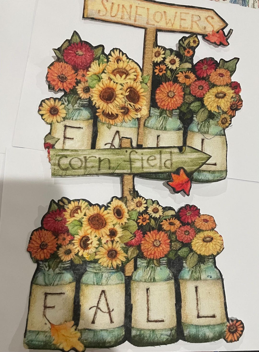 2 Large Fall Sunflower Mason Jar Patches - Iron on Fabric Appliques ...