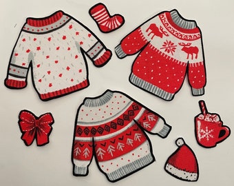 7 Red & White Christmas Things, invluding 3 Sweaters - Iron On Fabric Appliques