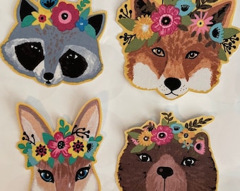 Woodland Forest Animals in Flowers - Iron On Fabric Appliques