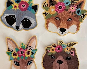 Animaux de la forêt des bois en fleurs - Appliques en tissu thermocollantes