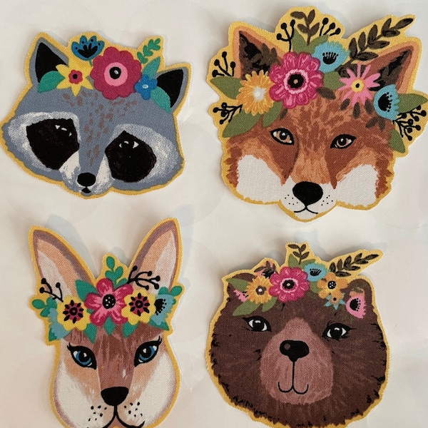 Animaux de la forêt des bois en fleurs - Appliques en tissu thermocollantes