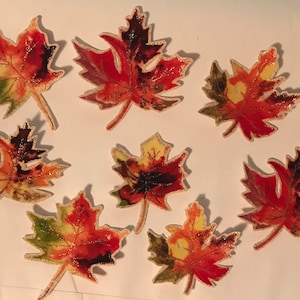 May include: Eight fall-themed maple leaves with glitter accents. The leaves are in shades of red, orange, yellow, and green.