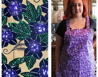 Flower African Print Apron, Sally's Simple Aprons - Bright Purple Flowers - Machine Washable