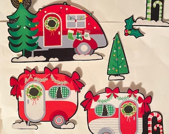 3 Christmas Camper Trailers - Iron On Fabric Appliques - Campers and Candy Canes