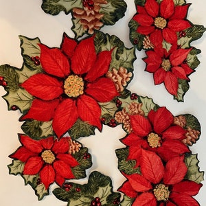 Pretty Poinsettias with Pine & Holly - Iron On Fabric Appliques - Christmas