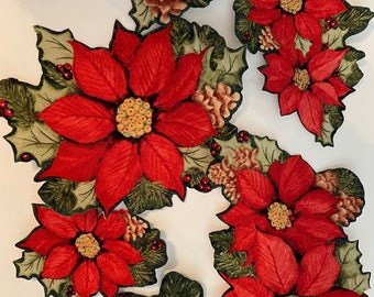 Pretty Poinsettias with Pine & Holly - Iron On Fabric Appliques - Christmas