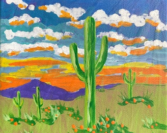 Tiny Acrylic Desert Painting "Arizona Spring Poppies" - 6" x 6" Original Art on Canvas