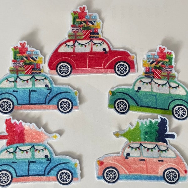 Set of 6 Festive Christmas Cars - Iron On Fabric Appliques