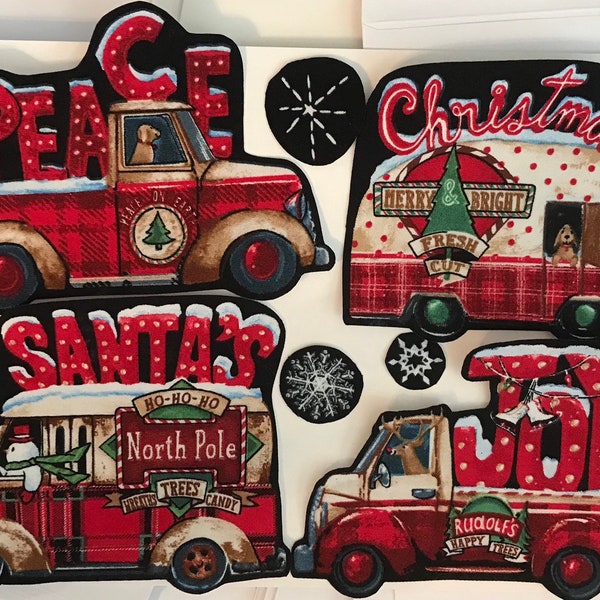 Christmas Holiday Vehicles - Iron On Fabric Appliques - Trucks, Campers, Dogs