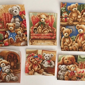 May include: A collection of eight fabric squares featuring teddy bears in various settings. The squares depict teddy bears reading books, sitting in a chair, playing with a cat, and holding a gift. The fabric squares are perfect for quilting, crafts, and other creative projects.