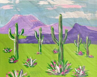 Tiny Acrylic Desert Painting "Cactus at Dusk" - 6" x 6" Original Art on Canvas