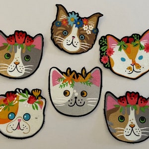 6 Kitty Cats with Flowers - Iron On Fabric Appliques