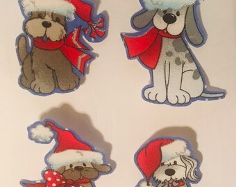 8 Holiday Pups in Santa Hats - Iron On Fabric Appliques - Christmas Dogs