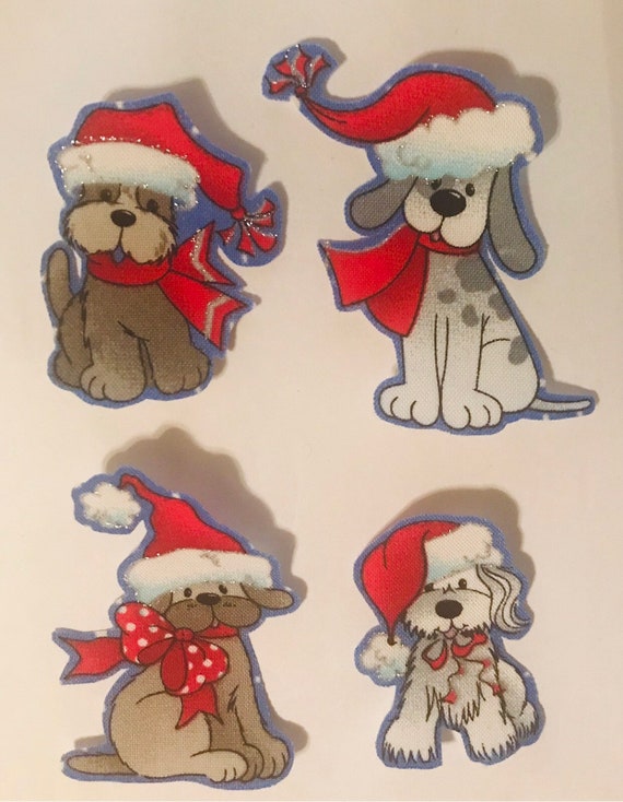 ID 8214B Christmas Dogs Patch Santa Hat Holiday Pet Embroidered Iron On Applique