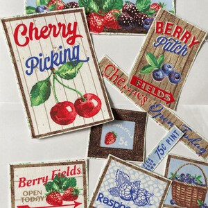May include: Assortment of vintage-style fabric patches featuring various berries, including cherries, blueberries, raspberries, and strawberries. The patches have a rustic, hand-painted look and feature text such as "Cherry Picking", "Berry Patch", "Fields Open Today", and "Raspberries".