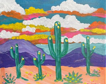 Tiny Acrylic Desert Painting "Blooming Sahuaros" - 6" x 6" Original Art on Canvas