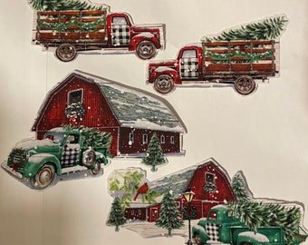 Set of 4 Buffalo Plaid Barns and  Trucks - Iron On Fabric Appliques