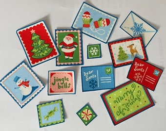Set of 12 Small Christmas Patches Stamps, Letters to Santa - Iron On Fabric Appliques