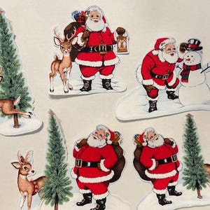 May include: A collection of Christmas-themed paper cutouts featuring Santa Claus, reindeer, Christmas trees, and a snowman. Santa is depicted in his traditional red suit, and the reindeer are brown. The snowman wears a black top hat and a red scarf.