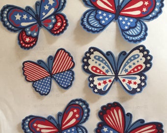 New! 4th of July, American Butterflies - Iron On Fabric Appliques - USA - Red White Blue