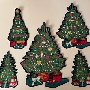 May include: Five Christmas tree decorations with a green background and colorful ornaments, candy canes, and stars. Each tree has a variety of presents at the base.