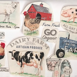 May include: A collection of farm-themed illustrations, including a red barn, a white sheep, a black and white cow, a rooster, a hen, a pig, a blue tractor, a basket of eggs, a bottle of milk, and signs that say "Farm Fresh Go Organic", "All-Day Market Free-Range Meat & Eggs", "Dairy Farm Artisan Produce", "Eggs For Sale", "Free Range", and "Life is Better on the Farm".
