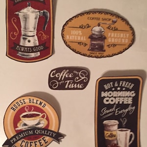 May include: Five vintage-style coffee shop signs with illustrations and text. The signs are made of wood and have a distressed look. The text on the signs includes "Locally Brewed", "Always Good", "Coffee Shop", "100% Natural", "Freshly Ground", "House Blend", "Premium Quality", "Coffee", "Coffee Time", "Hot & Fresh", "Morning Coffee", and "Served Everyday".
