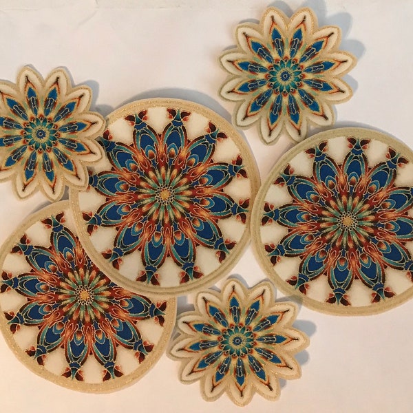 Gold, Blue and Tan Medallions - Iron On Fabric Appliques